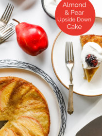 Almond Pear Upside Down Cake with a slice