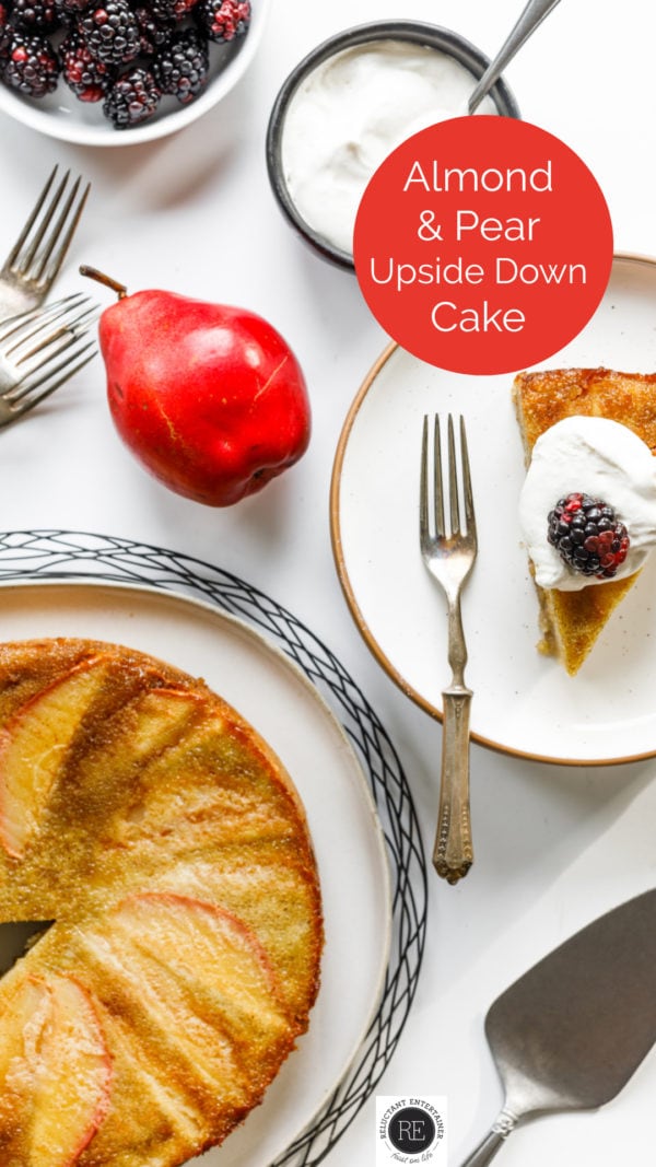 Almond Pear Upside Down Cake with a slice