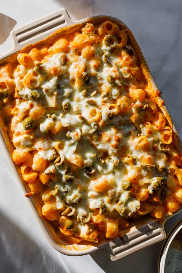 Creamy Calabrian Chili Turkey Pasta Bake with olives