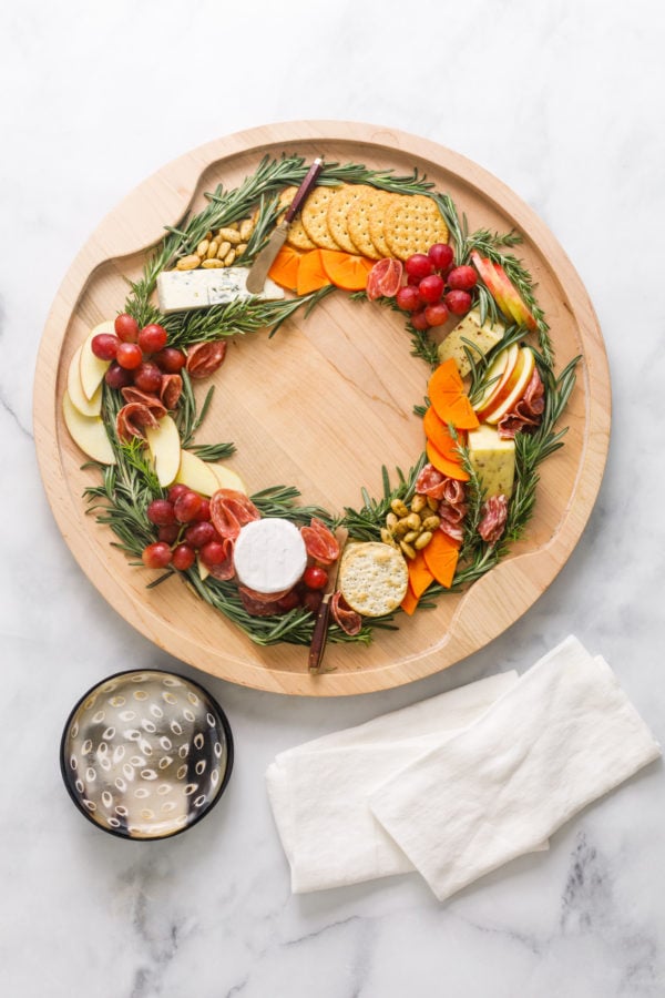 Christmas Wreath Charcuterie Board with fresh rosemary