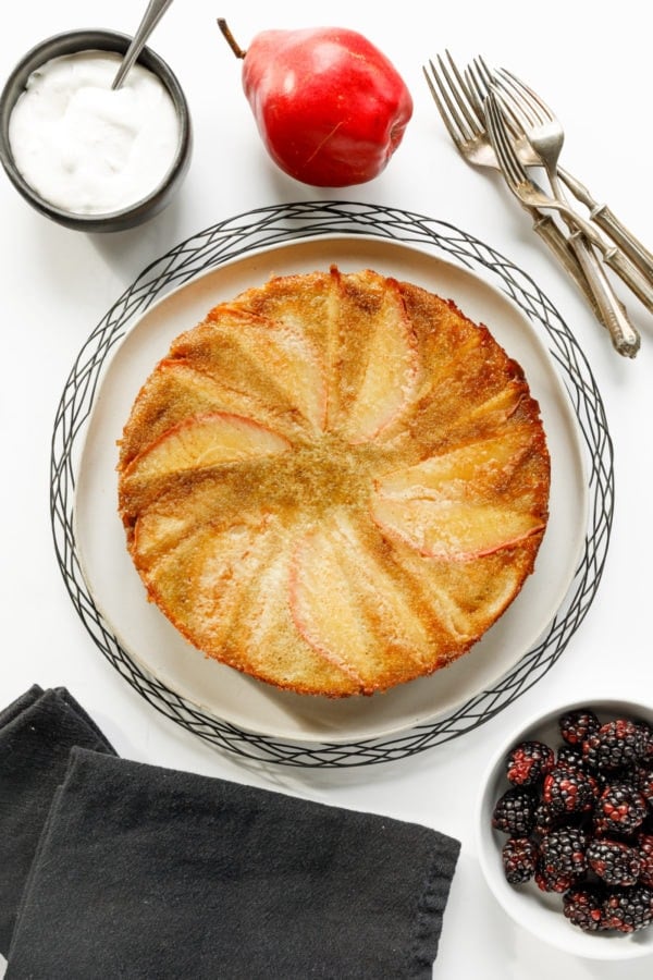 round Almond Pear Upside Down Cake