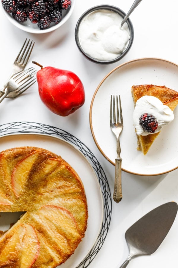 serving Almond Pear Upside Down Cake