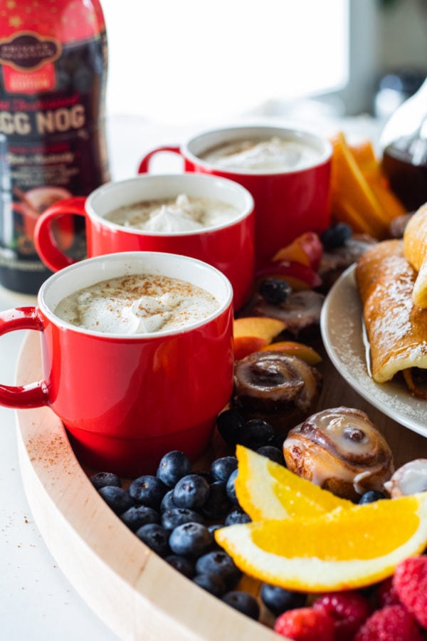 red mugs with coffee and eggnog