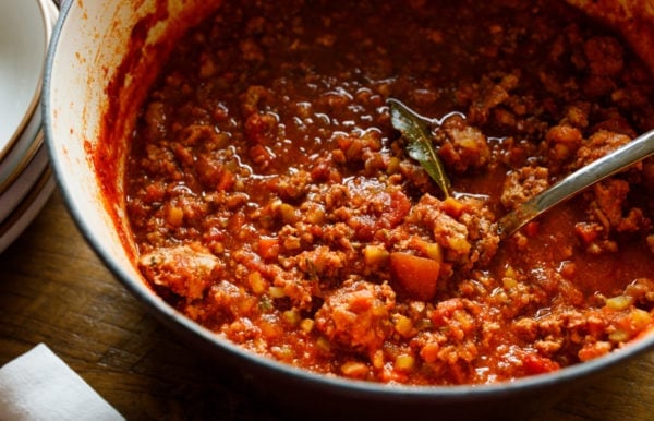 pot of Healthy Ground Chicken RED SAUCE