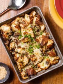 pan of Vegetarian Miso Mushroom Stuffing with chopped herbs