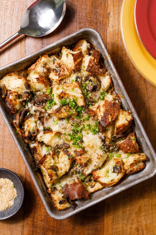 pan of Vegetarian Miso Mushroom Stuffing with chopped herbs