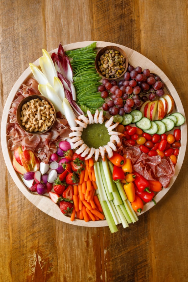 Whole 30 Charcuterie Board with dip in the center