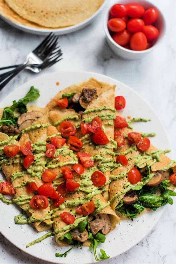 plate of Savory Pesto Mushroom Crepes