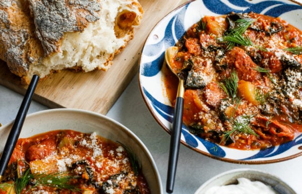 Sausage Bacon Tomato Soup with bread