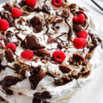 Maple Pecan Chocolate Pavlova with fresh raspberries