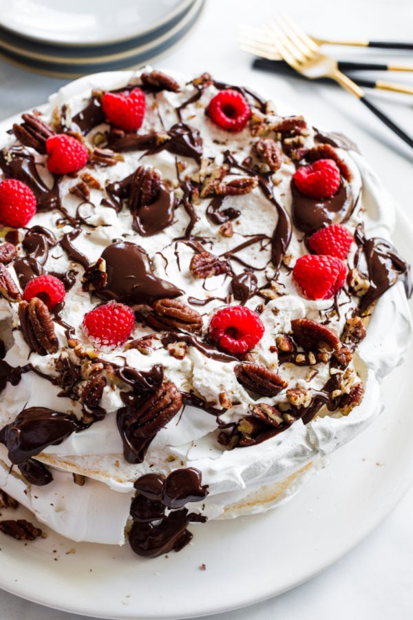 Maple Pecan Chocolate Pavlova with fresh raspberries