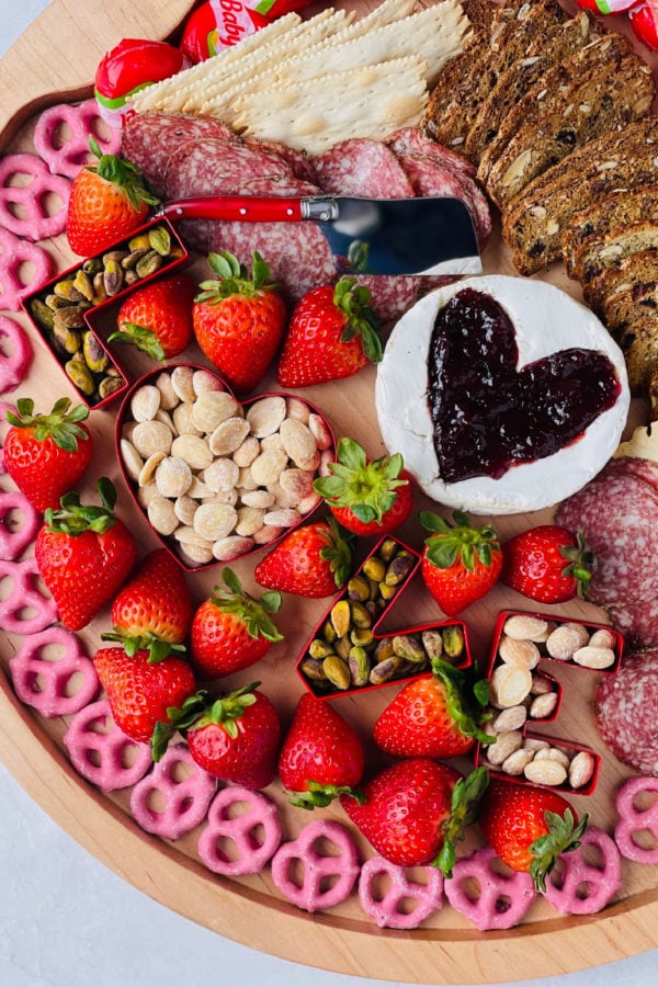 close up of Brie-Filled Heart Charcuterie Board