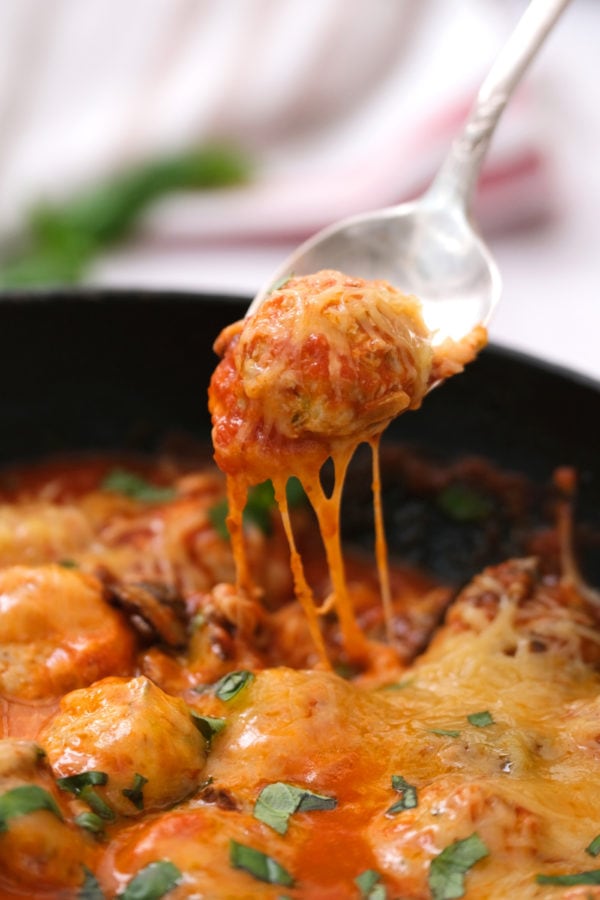 spoonful of Skillet Cheesy Meatball Dip