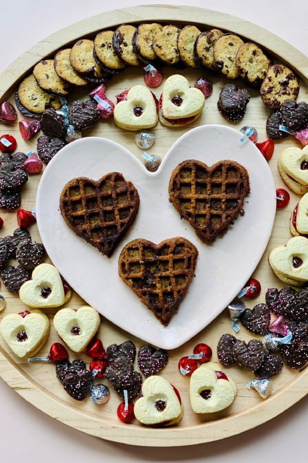 Heart-Shaped Waffle Cookies on a dessert board