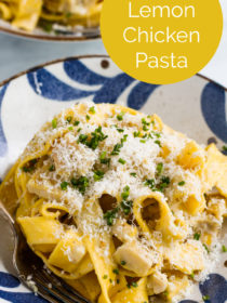 serving of Creamy Lemon Chicken Pasta with chives and Parmesan