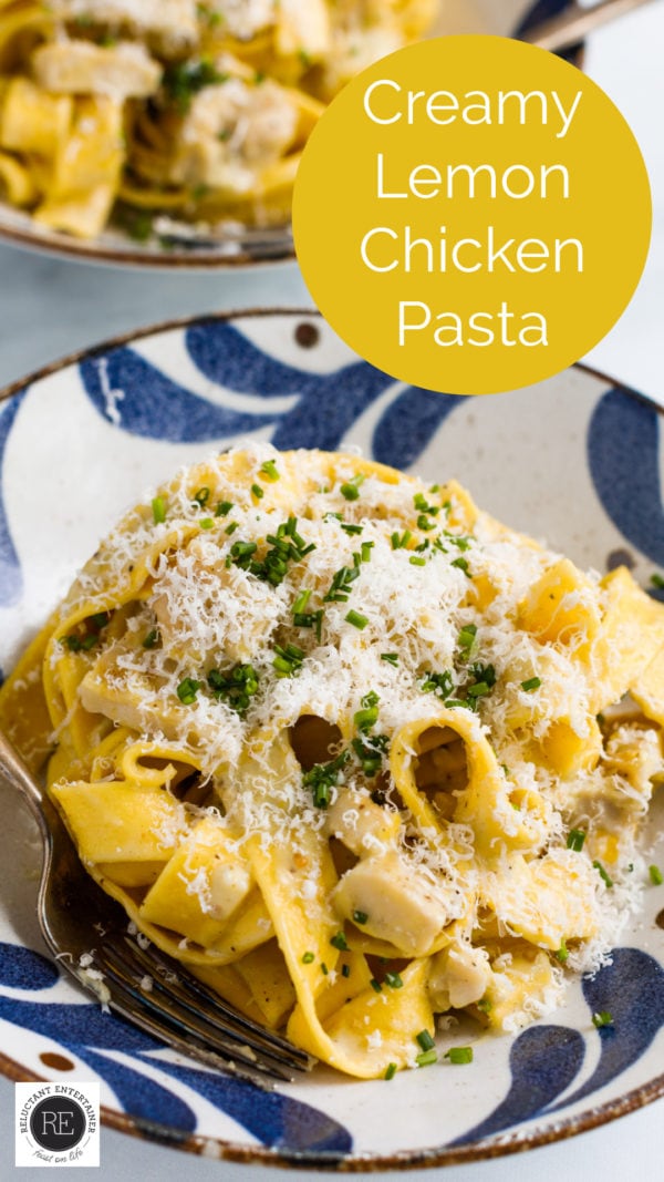 serving of Creamy Lemon Chicken Pasta with chives and Parmesan