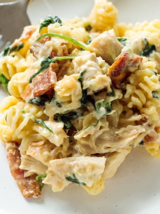 cheesy Caramelized Onion Bacon Pasta Bake