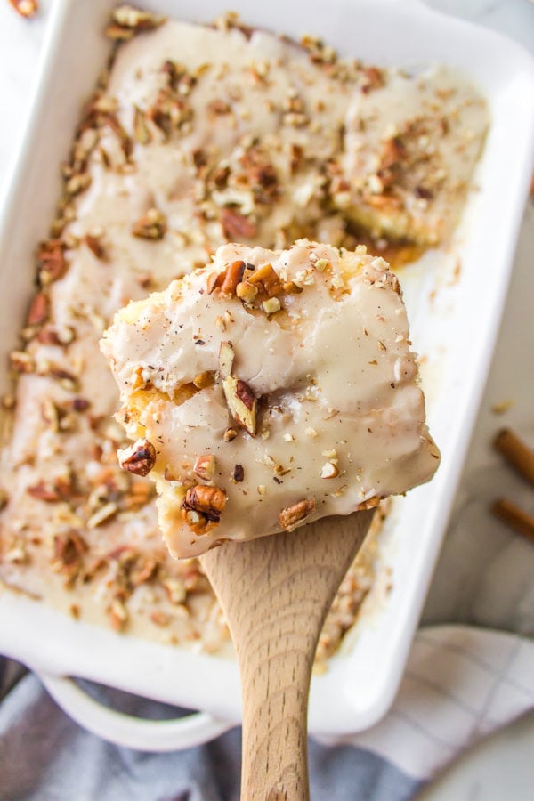 a piece of Homemade Cinnamon Roll Pecan Cake