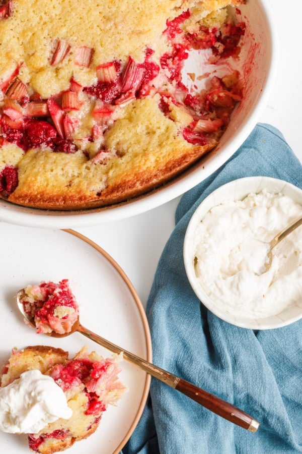 raspberry rhubarb cake with cream