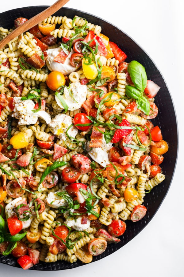 Creamy Caprese Pasta Salad with basil