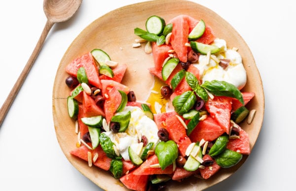 round plate of Watermelon Kalamata Burrata Salad