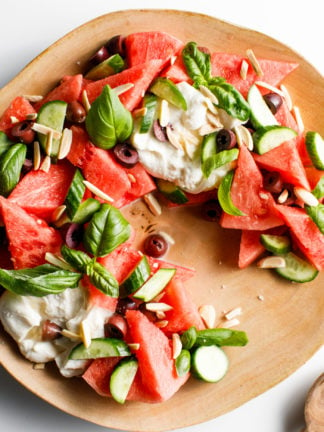 Watermelon Kalamata Burrata Salad with almonds