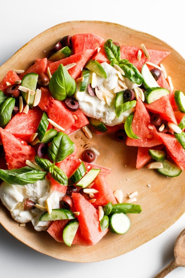 Watermelon Kalamata Burrata Salad with almonds