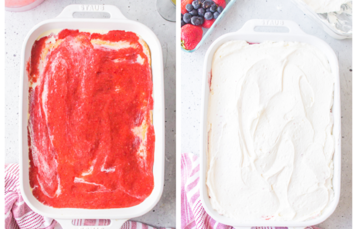 adding whipped cream to the cake
