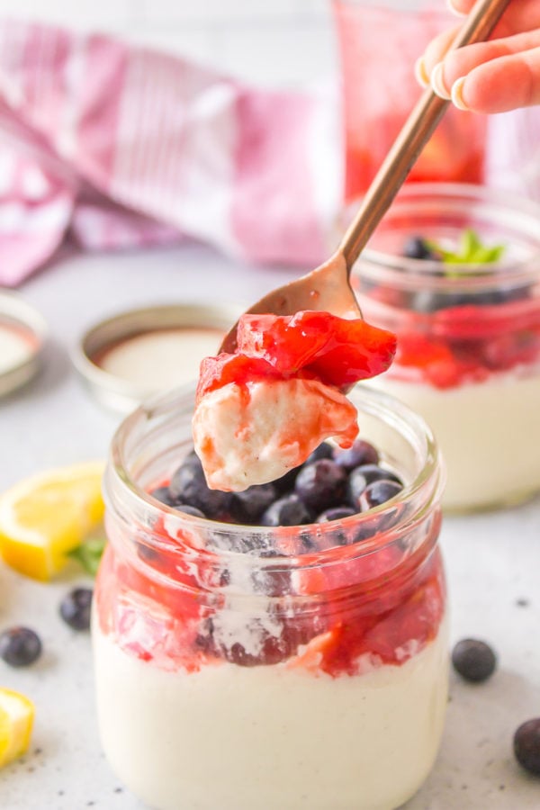 a spoonful of Strawberry Blueberry Panna Cotta