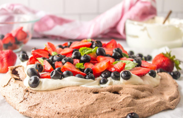 Chocolate Pavlova with berries