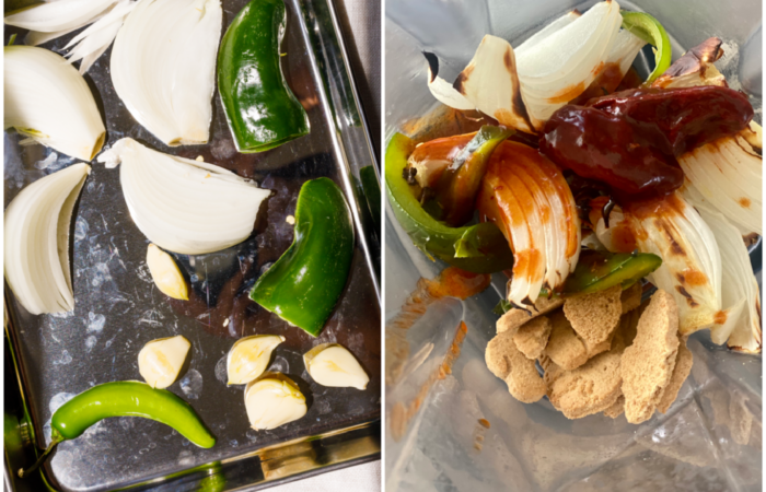 making the mole sauce with onions, garlic, peppers, jalape&ntilde;os