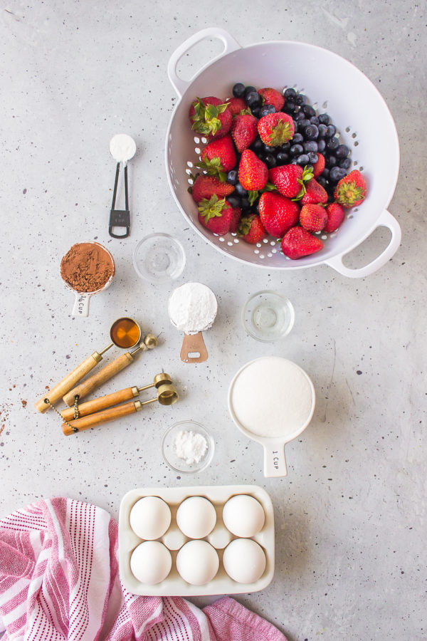 ingredients for Strawberry Blueberry Chocolate Pavlova