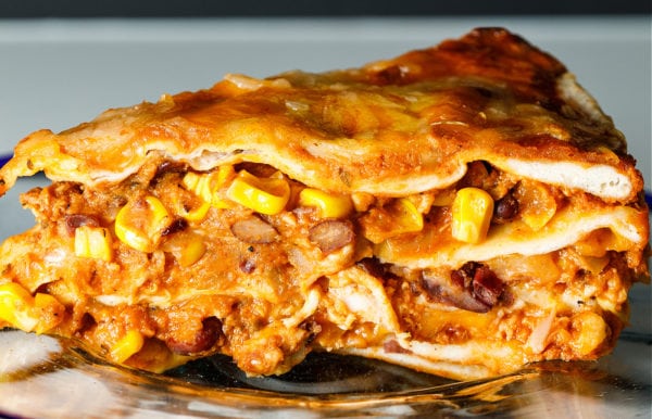 a slice of Chicken Mole Enchilada Pie