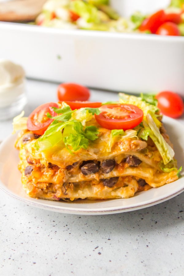 serving of Cake Pan Layered Enchilada Bake