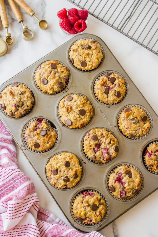 pan of baked Chocolate Raspberry Oatmeal Muffins