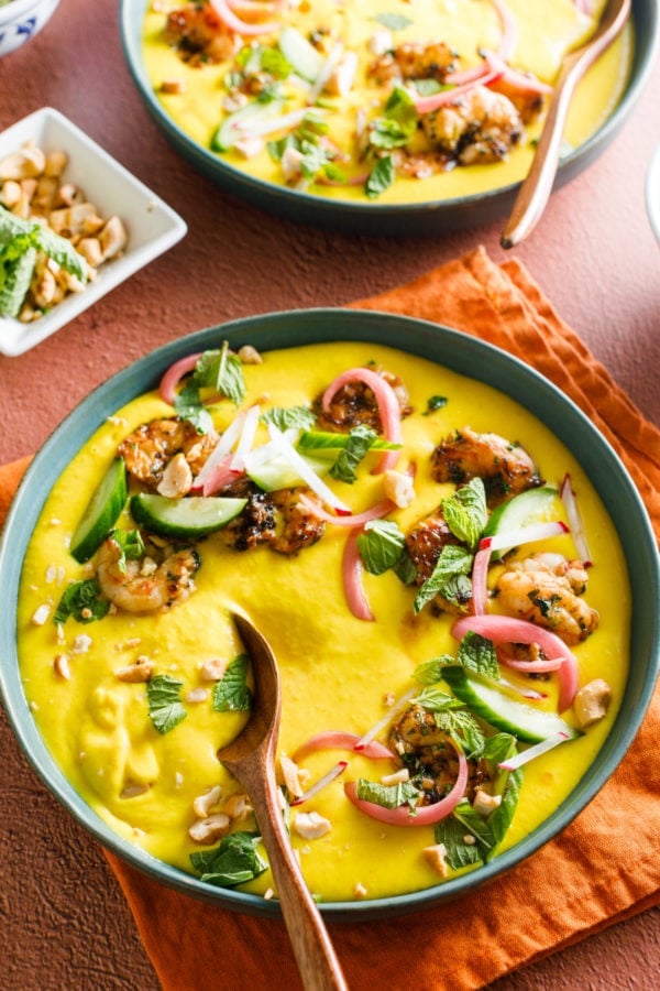 bowl of Chilled Corn Soup with Garlic Herb Shrimp