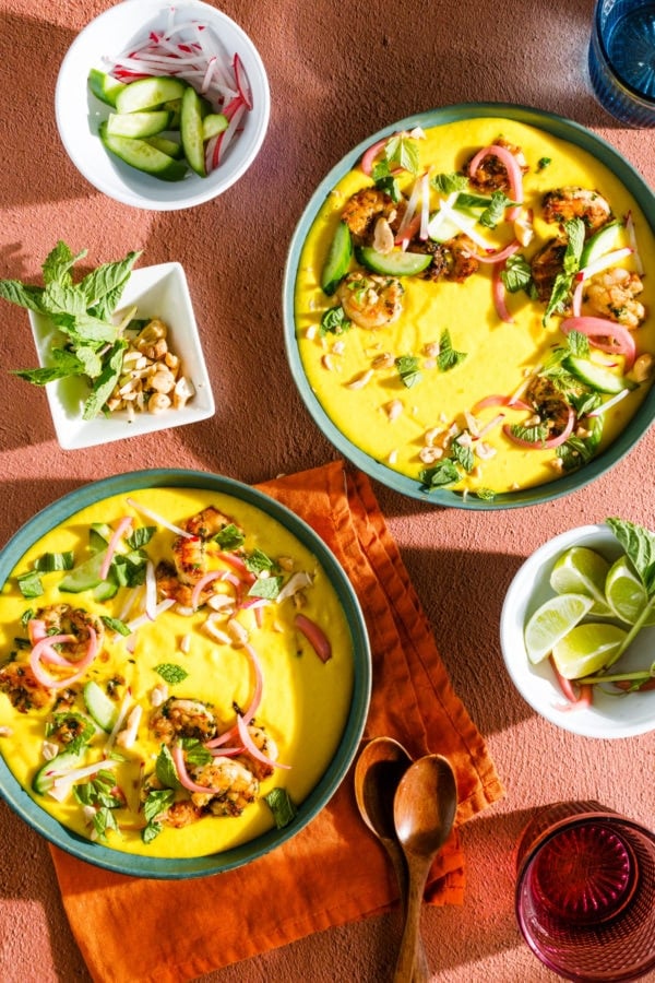 2 bowls of Chilled Corn Soup with Garlic Herb Shrimp