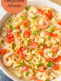 Seafood Fettuccine Alfredo with shrimp and tomatoes