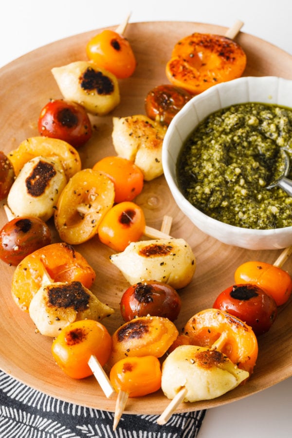 Tomato Gnocchi Apricot Skewers with pesto