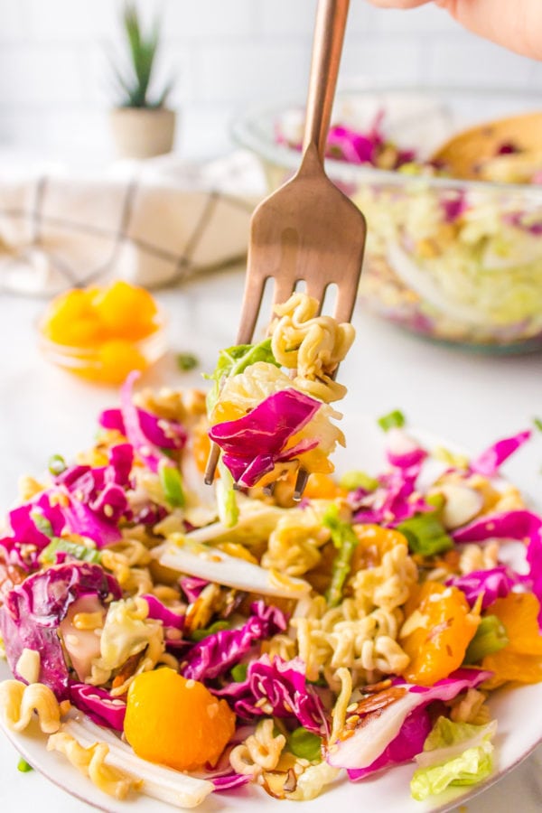 fork bite of ramen salad