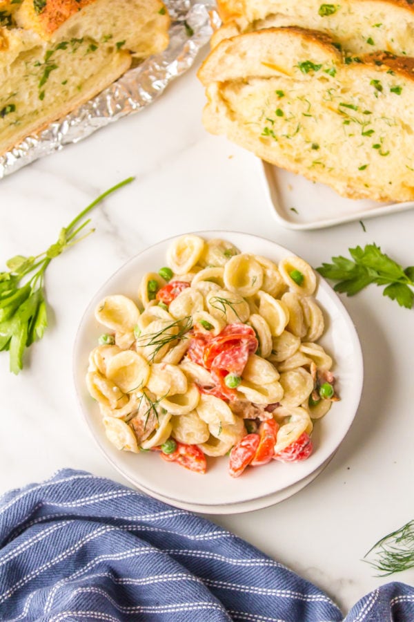 bread served with pasta salad