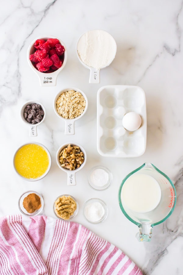 ingredients for Chocolate Raspberry Oatmeal Muffins