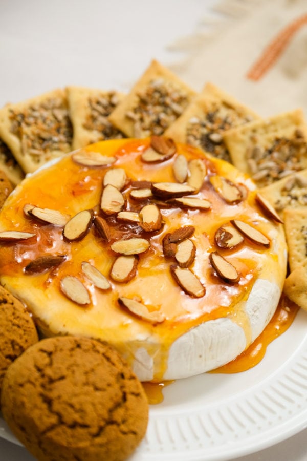 warm brie with jam and almonds