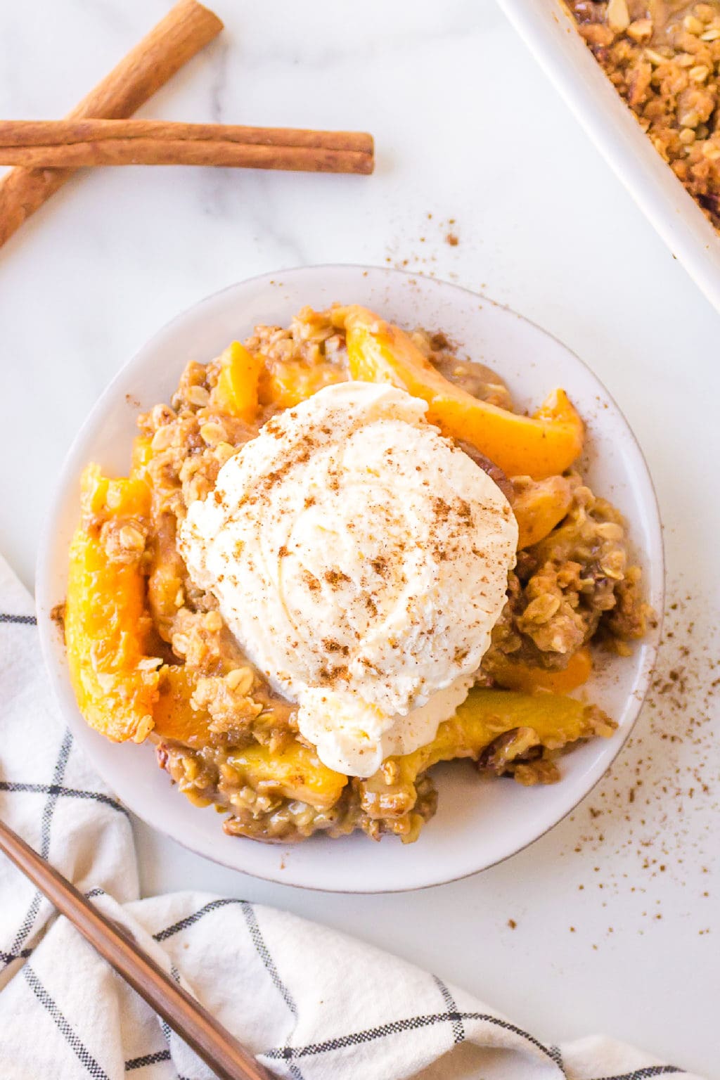 Cake Pan Frozen Peach Crisp - Reluctant Entertainer