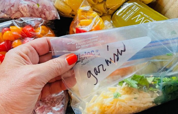 garnish for pasta salad in a ziplock bag