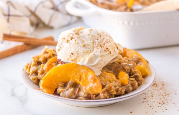 serving of Cake Pan Frozen Peach Crisp with ice cream