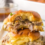 a bite of french dip slider