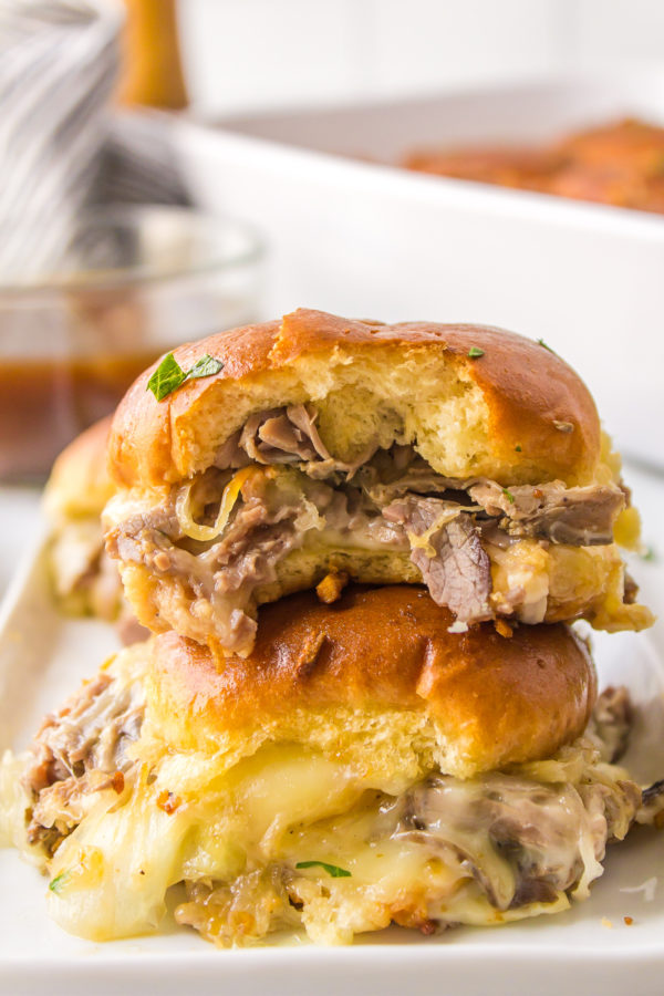 a bite of french dip slider