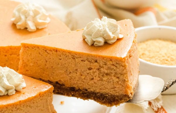 a serving of Sweet Potato Cheesecake With gorgeous color and plenty of flavor