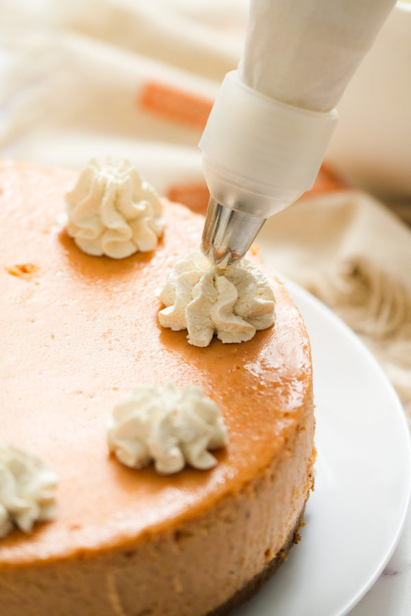 adding whipped cream to cheesecake